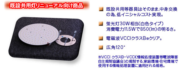 ■既設共用灯器具はそのまま、中身交換のため低イニシャルコスト実現■蛍光灯30W相当(白色タイプ)消費電力11.5Wで850(lm)の明るさ■電磁波VCCIクラスBクリア■広角120度
